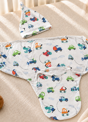 Luxury Cotton Baby Swaddle Wrap with Cap, Velcro Closure, Assorted Patterns