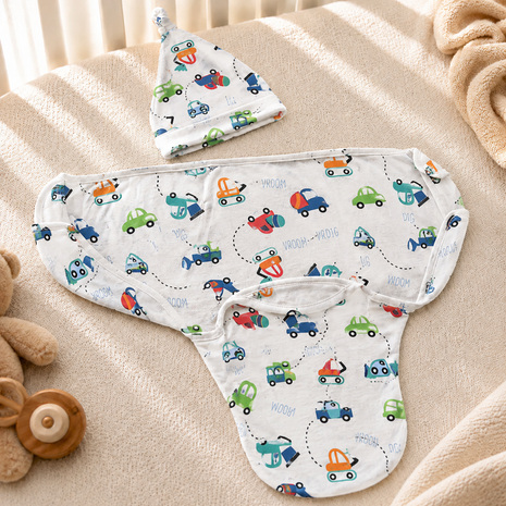 Luxury Cotton Baby Swaddle Wrap with Cap, Velcro Closure, Assorted Patterns