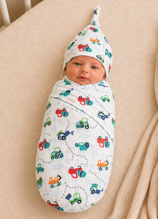 Luxury Cotton Baby Swaddle Wrap with Cap, Velcro Closure, Assorted Patterns