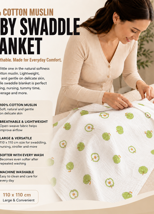 100% Cotton Muslin Baby Swaddle Blanket 110 x 110 cm Lightweight Breathable Soft Newborn Wrap Green Apple