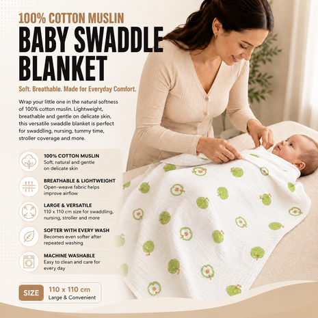100% Cotton Muslin Baby Swaddle Blanket 110 x 110 cm Lightweight Breathable Soft Newborn Wrap Green Apple