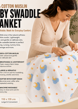 100% Cotton Muslin Baby Swaddle Blanket 110 x 110 cm Lightweight Breathable Soft Newborn Wrap Night