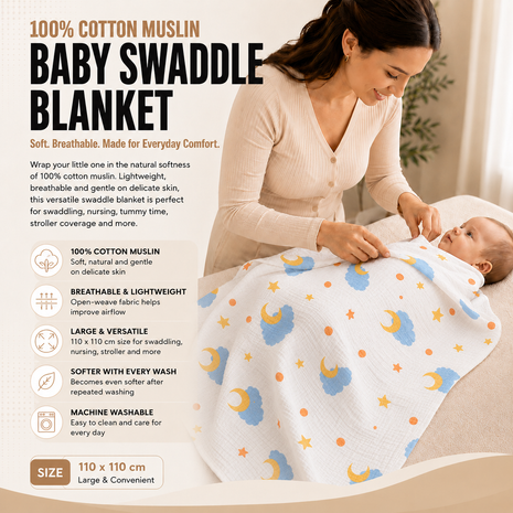 100% Cotton Muslin Baby Swaddle Blanket 110 x 110 cm Lightweight Breathable Soft Newborn Wrap Night