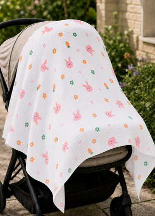 100% Cotton Muslin Baby Swaddle Blanket 110 x 110 cm Lightweight Breathable Soft Newborn Wrap Pink Rabbit