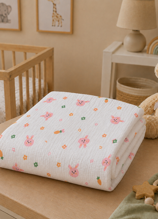 100% Cotton Muslin Baby Swaddle Blanket 110 x 110 cm Lightweight Breathable Soft Newborn Wrap Pink Rabbit