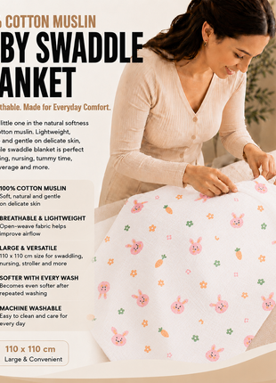 100% Cotton Muslin Baby Swaddle Blanket 110 x 110 cm Lightweight Breathable Soft Newborn Wrap Pink Rabbit