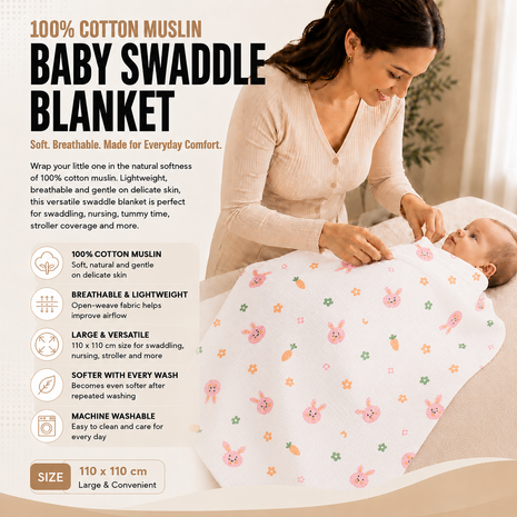 100% Cotton Muslin Baby Swaddle Blanket 110 x 110 cm Lightweight Breathable Soft Newborn Wrap Pink Rabbit