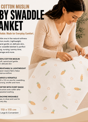 100% Cotton Muslin Baby Swaddle Blanket 110 x 110 cm Lightweight Breathable Soft Newborn Wrap Carrot