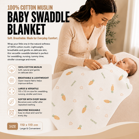 100% Cotton Muslin Baby Swaddle Blanket 110 x 110 cm Lightweight Breathable Soft Newborn Wrap Carrot
