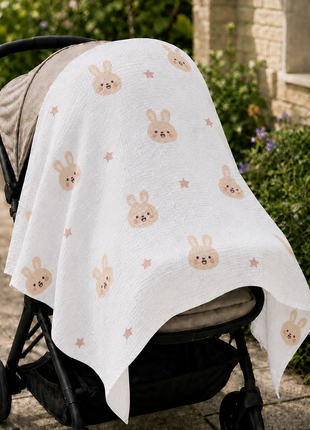 100% Cotton Muslin Baby Swaddle Blanket 110 x 110 cm Lightweight Breathable Soft Newborn Wrap Bunny