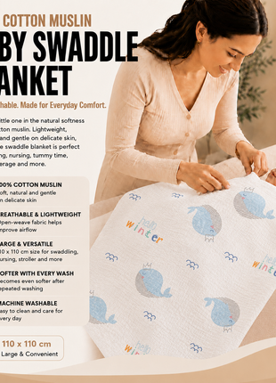 100% Cotton Muslin Baby Swaddle Blanket 110 x 110 cm Lightweight Breathable Soft Newborn Wrap Whale