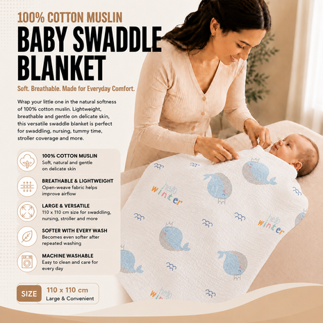100% Cotton Muslin Baby Swaddle Blanket 110 x 110 cm Lightweight Breathable Soft Newborn Wrap Whale