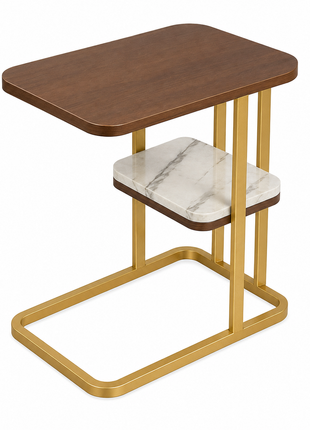 Gold Steel Side Table with Reversible Marble & Brown Wood Top, 2-Tier End Table