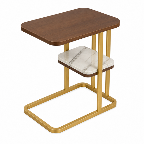 Gold Steel Side Table with Reversible Marble & Brown Wood Top, 2-Tier End Table