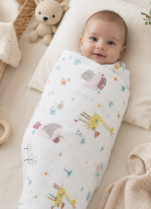 Cotton Muslin Swaddle Blanket, With Pastel Forest Friends Design