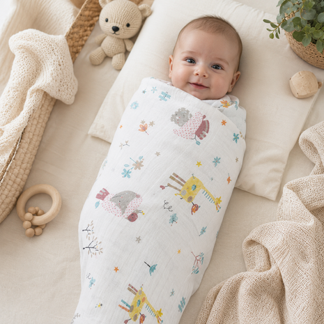 Cotton Muslin Swaddle Blanket, With Pastel Forest Friends Design