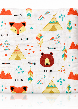 Cotton Muslin Swaddle Blanket, With Boho Woodland Fox & Bear Print