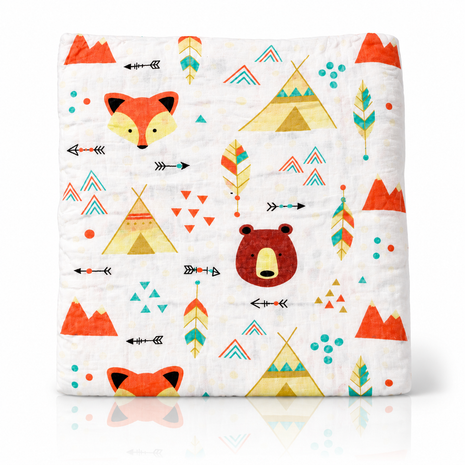 Cotton Muslin Swaddle Blanket, With Boho Woodland Fox & Bear Print