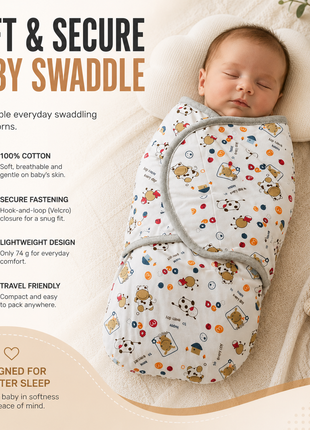 100% Cotton Baby Swaddle with Hook-and-Loop (Velcro) Fastening Small/Medium 3.2–6.4 kg Soft Breathable Baby Wrap - Cow