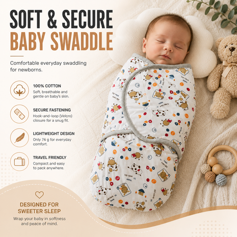 100% Cotton Baby Swaddle with Hook-and-Loop (Velcro) Fastening Small/Medium 3.2–6.4 kg Soft Breathable Baby Wrap - Cow