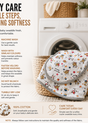 100% Cotton Baby Swaddle with Hook-and-Loop (Velcro) Fastening Small/Medium 3.2–6.4 kg Soft Breathable Baby Wrap - Cow