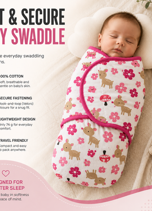 100% Cotton Baby Swaddle with Hook-and-Loop (Velcro) Fastening Small/Medium 3.2–6.4 kg Soft Breathable Baby Wrap - Deer