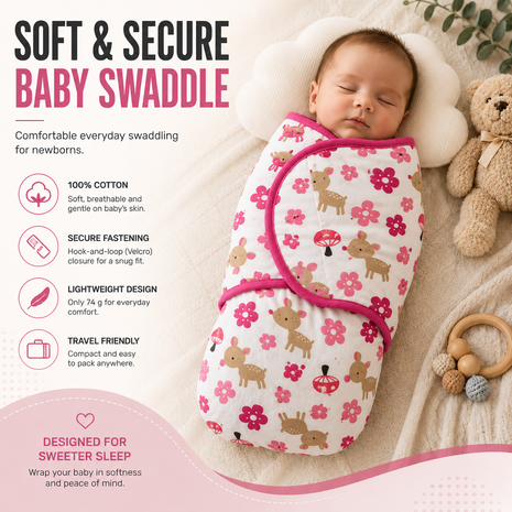 100% Cotton Baby Swaddle with Hook-and-Loop (Velcro) Fastening Small/Medium 3.2–6.4 kg Soft Breathable Baby Wrap - Deer