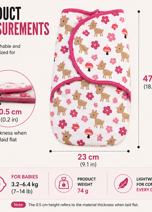 100% Cotton Baby Swaddle with Hook-and-Loop (Velcro) Fastening Small/Medium 3.2–6.4 kg Soft Breathable Baby Wrap - Deer