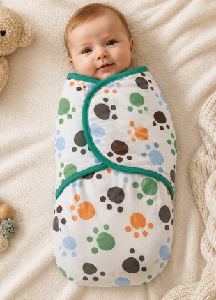 100% Cotton Baby Swaddle with Hook-and-Loop (Velcro) Fastening Small/Medium 3.2–6.4 kg Soft Breathable Baby Wrap - Paws