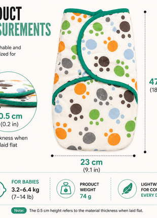 100% Cotton Baby Swaddle with Hook-and-Loop (Velcro) Fastening Small/Medium 3.2–6.4 kg Soft Breathable Baby Wrap - Paws
