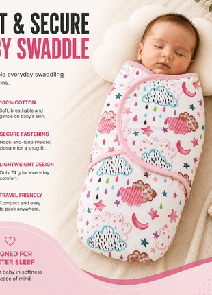 100% Cotton Baby Swaddle with Hook-and-Loop (Velcro) Fastening Small/Medium 3.2–6.4 kg Soft Breathable Baby Wrap - Night