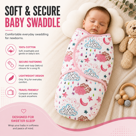 100% Cotton Baby Swaddle with Hook-and-Loop (Velcro) Fastening Small/Medium 3.2–6.4 kg Soft Breathable Baby Wrap - Night