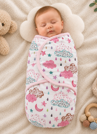 100% Cotton Baby Swaddle with Hook-and-Loop (Velcro) Fastening Small/Medium 3.2–6.4 kg Soft Breathable Baby Wrap - Night
