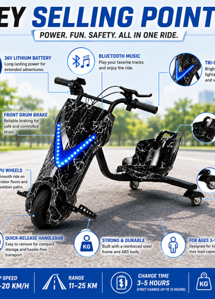 3-Wheel Electric Drifting Trike 36V 3.6Ah – ABS Body, Bluetooth Music, PU Wheels