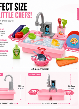Kids Electric Play Kitchen Sink Toy Set with Running Water Faucet, 19-Piece Pretend Play Dishes & Food