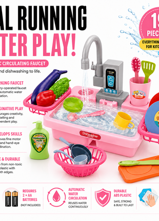 Kids Electric Play Kitchen Sink Toy Set with Running Water Faucet, 19-Piece Pretend Play Dishes & Food