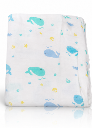 Cotton Muslin Swaddle Blanket, White & Blue Sea Animal Design