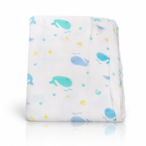 Cotton Muslin Swaddle Blanket, White & Blue Sea Animal Design