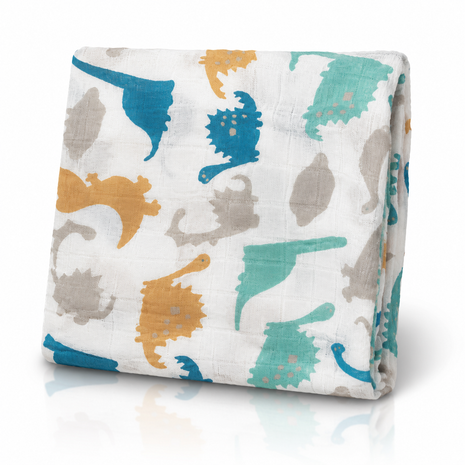 Cotton Muslin Baby Swaddle Blanket, Colourful Dino Adventure Print