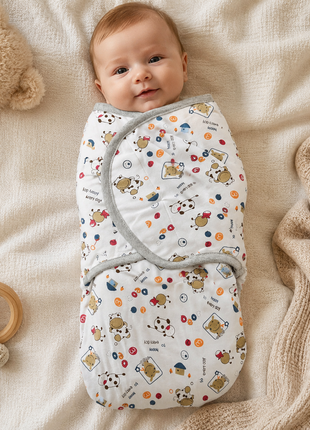 100% Cotton Baby Swaddle with Hook-and-Loop (Velcro) Fastening Small/Medium 3.2–6.4 kg Soft Breathable Baby Wrap - Cow