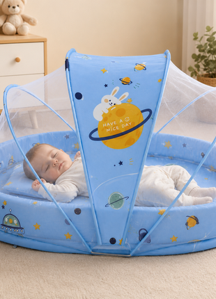 Baby Mosquito‑Net Bed 90 × 55 cm Padded Travel Mattress & Pillow – Cotton/Mesh Blend