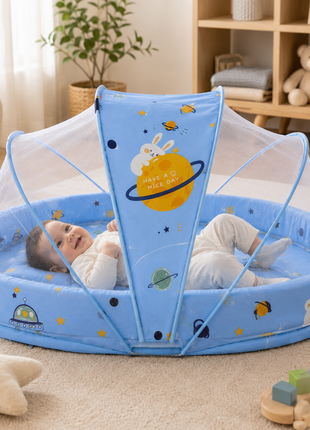 Baby Mosquito‑Net Bed 90 × 55 cm Padded Travel Mattress & Pillow – Cotton/Mesh Blend