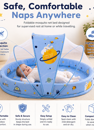 Baby Mosquito‑Net Bed 90 × 55 cm Padded Travel Mattress & Pillow – Cotton/Mesh Blend