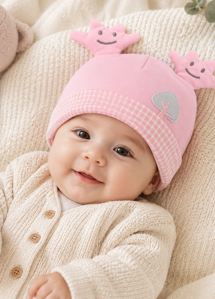 Newborn Cotton Bear Ear Baby Hat, Pink Tree Ear Infant Cap, Soft Warm Antistatic Beanie
