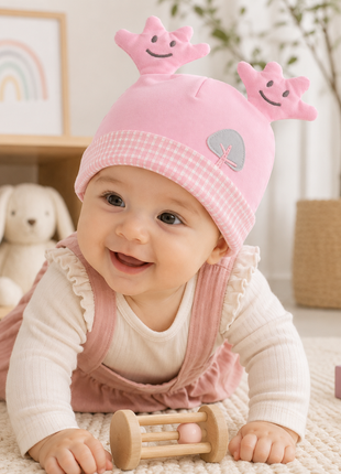 Newborn Cotton Bear Ear Baby Hat, Pink Tree Ear Infant Cap, Soft Warm Antistatic Beanie