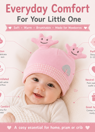 Newborn Cotton Bear Ear Baby Hat, Pink Tree Ear Infant Cap, Soft Warm Antistatic Beanie