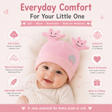 Newborn Cotton Bear Ear Baby Hat, Pink Tree Ear Infant Cap, Soft Warm Antistatic Beanie