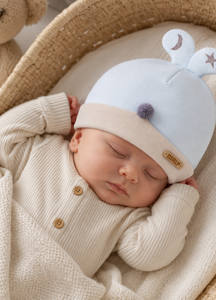 Newborn Cotton Bear Ear Baby Hat, Blue Animal Ear Infant Cap, Soft Warm Antistatic Beanie