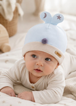 Newborn Cotton Bear Ear Baby Hat, Blue Animal Ear Infant Cap, Soft Warm Antistatic Beanie