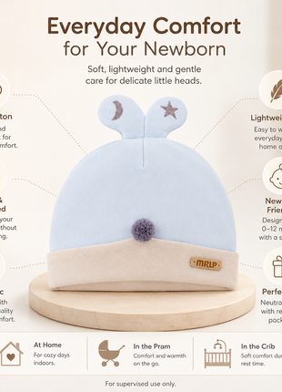Newborn Cotton Bear Ear Baby Hat, Blue Animal Ear Infant Cap, Soft Warm Antistatic Beanie